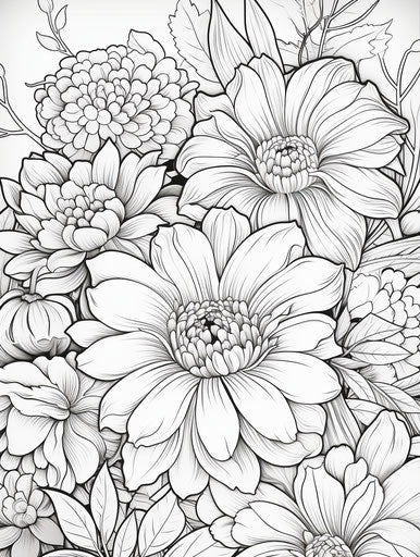 Adult flowery coloring page, calming effect, lush details