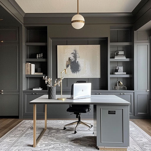 Sleek home office in monochrome palette with built-in cabinets for clutter-free look