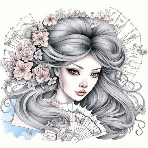 Fan coloring page, neo-traditional Japanese style, poignant, pretty