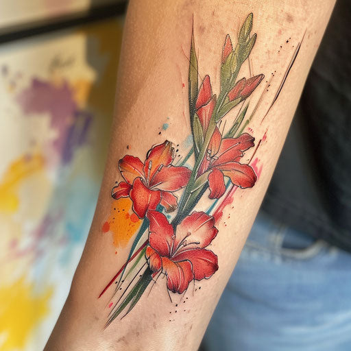 Expressionist gladiolus tattoo with vivid colors on white background