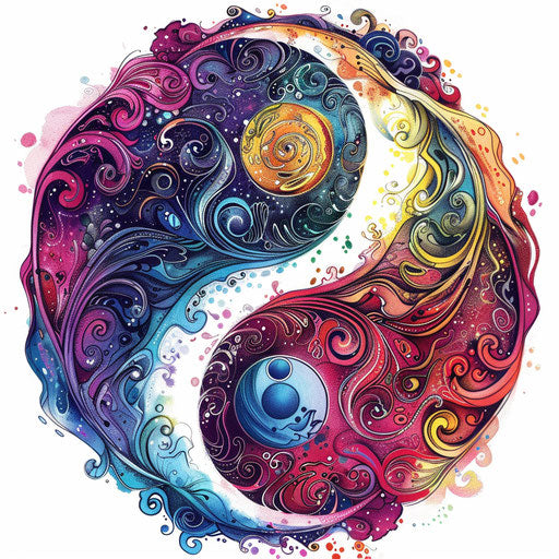 Psychedelic yin and yang tattoo design on white background
