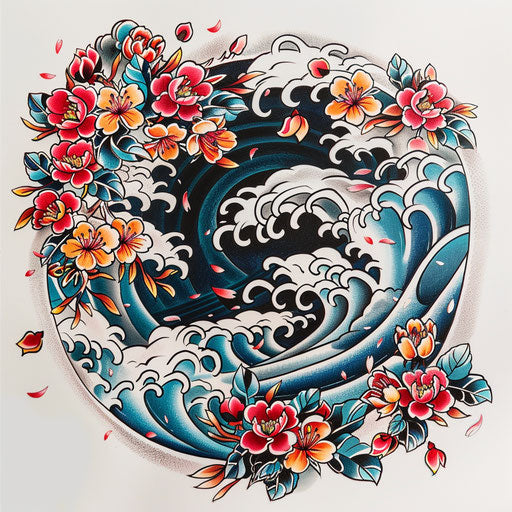 Traditional Japanese style flat tattoo sketch with cherry blossoms and waves