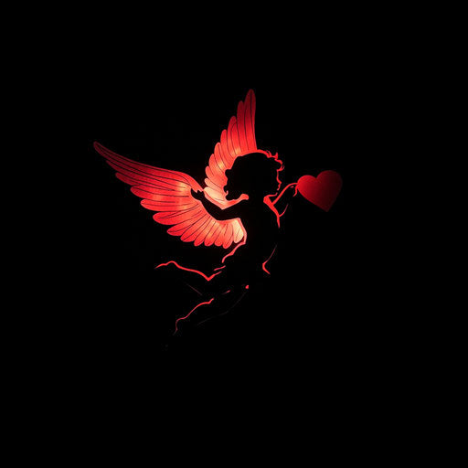 Lit red silhouette of Cupid with a heart on black background