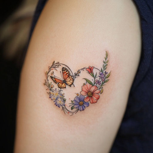 Mom heart tattoo with delicate floral accents and a butterfly in the style of Maria Sibylla Merian