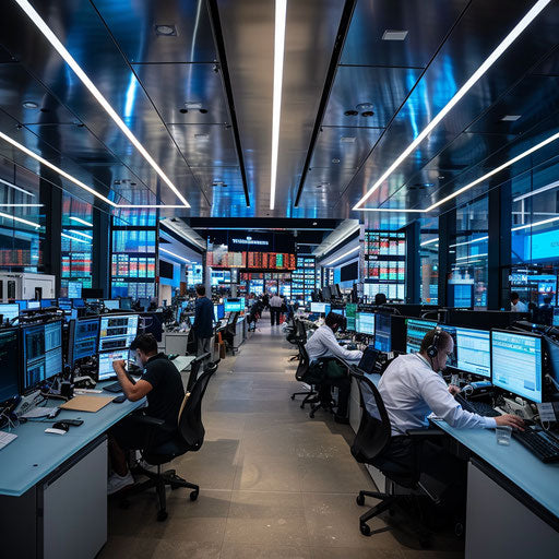 Energetic financial trading floor with focused analysts