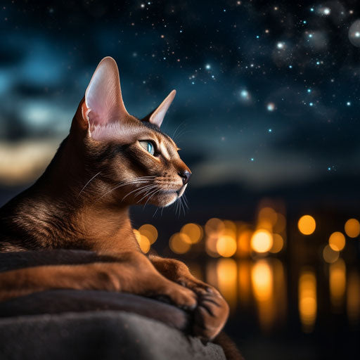 Oriental shorthair cat lying outside at night