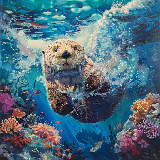 Sea otter diving below waves in search of food