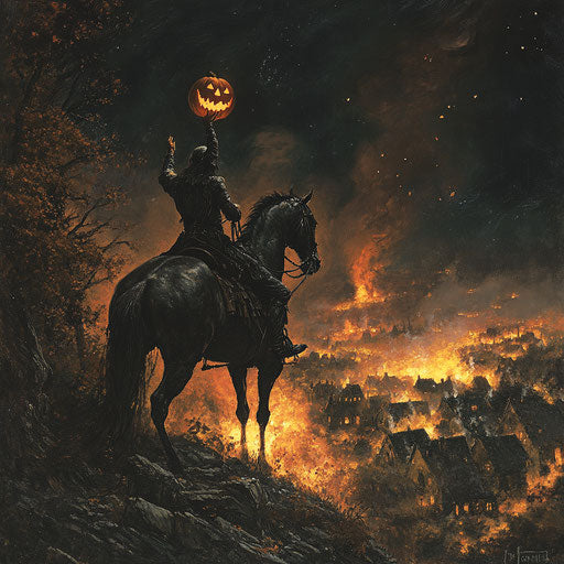 The headless horseman overlooking a burning village