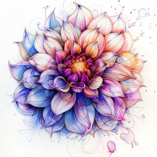 Vibrant colored dahlia tattoo sketch in watercolor style