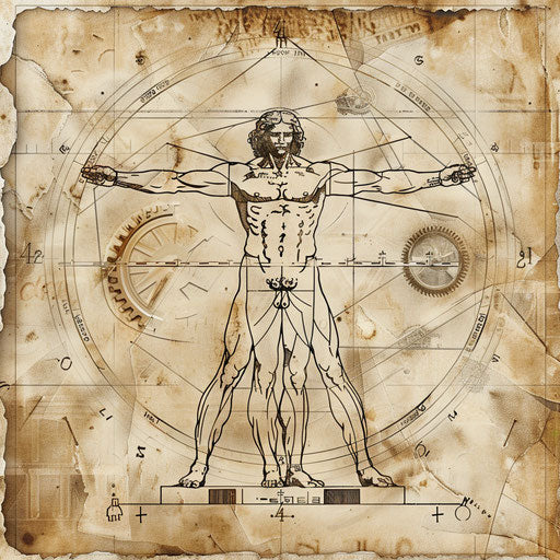 Nostalgic sketch of the Vitruvian Man with vintage clockworks