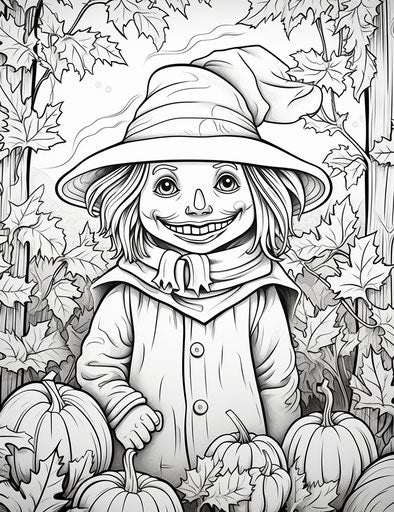 Autumn scarecrow with leaf icons in stenciled style