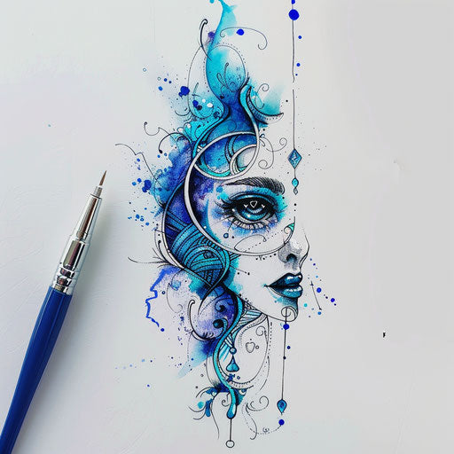 Flat tattoo sketch inspired by the ocean with deep blue and turquoise watercolor effects