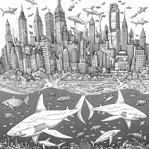 Highly detailed underwater city with sharks - Coloring page