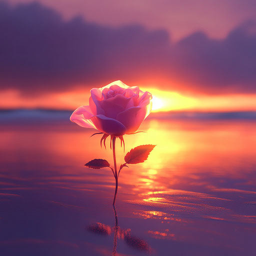 Pink rose glowing on the beach at sunset