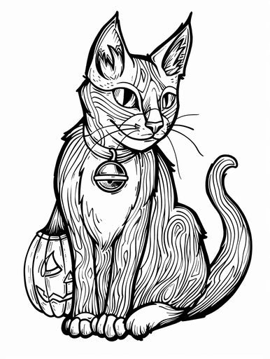 Halloween-style cat coloring page, clean inking, soft shading