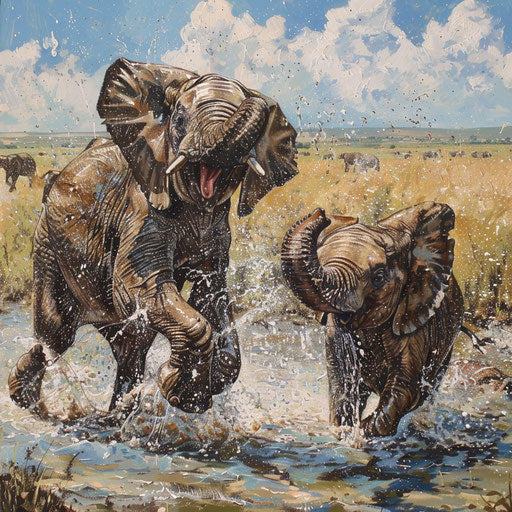 Playful young elephants splashing in watering hole under hot sun