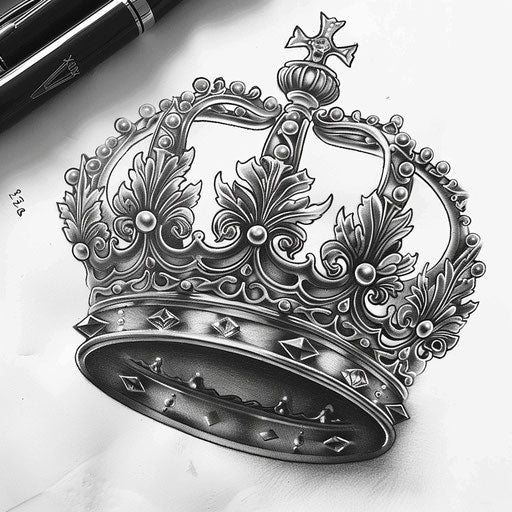 Queen crown tattoo with baroque details and shimmering silver ink on white background