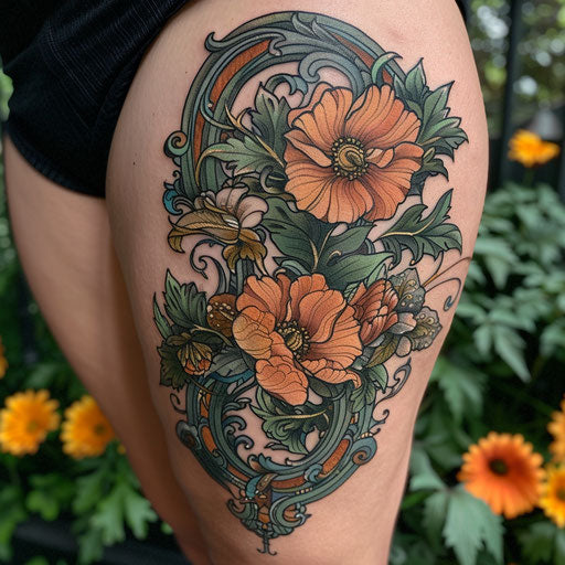 Art nouveau floral thigh tattoo