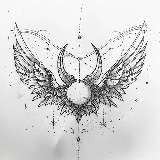Sketch of celestial Aries constellation tattoo with angelic wings and celestial bodies