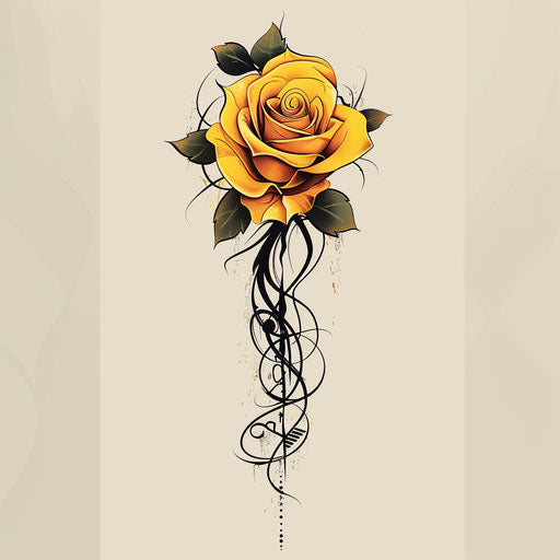 Yellow rose tattoo with tribal elements in artistic flat sketch