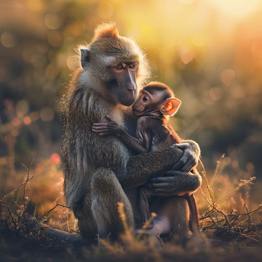 Baboon with young under soft light, heartwarming moment