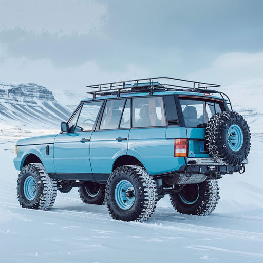 Ice-blue 1995 off-road vehicle confronting Arctic snow