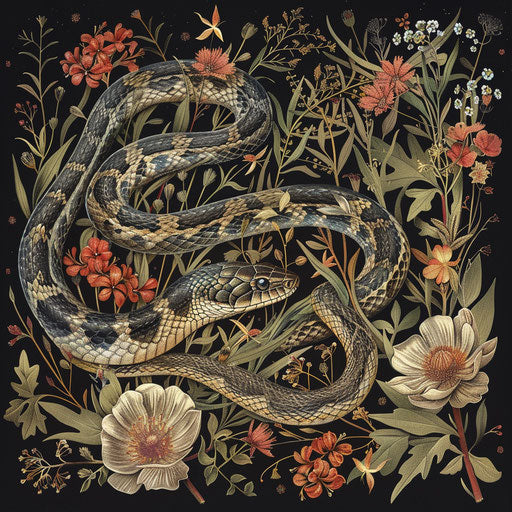 Garter snake surrounded by delicate forest flora