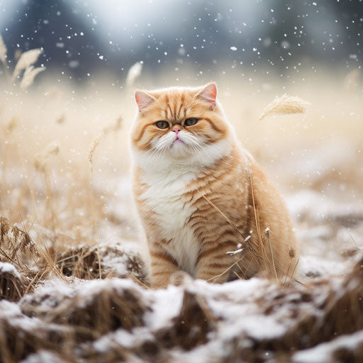 Exotic shorthair cat in a field while it is snowing