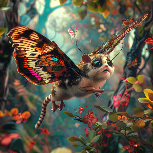 The sugar glider with butterfly wings in a magical forest