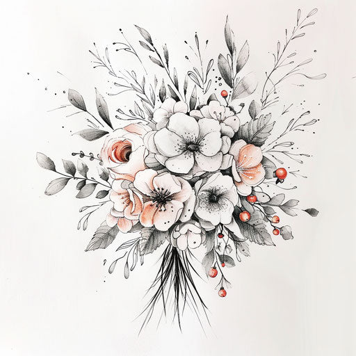Elegant flat tattoo sketch of a wedding bouquet in soft watercolor tones