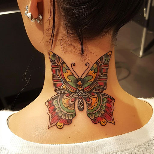 Butterfly neck tattoo, bold outlines, Ed Hardy style