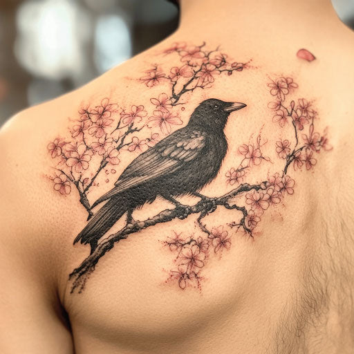 Cherry blossom tree tattoo in Gerald Brom style with gothic raven