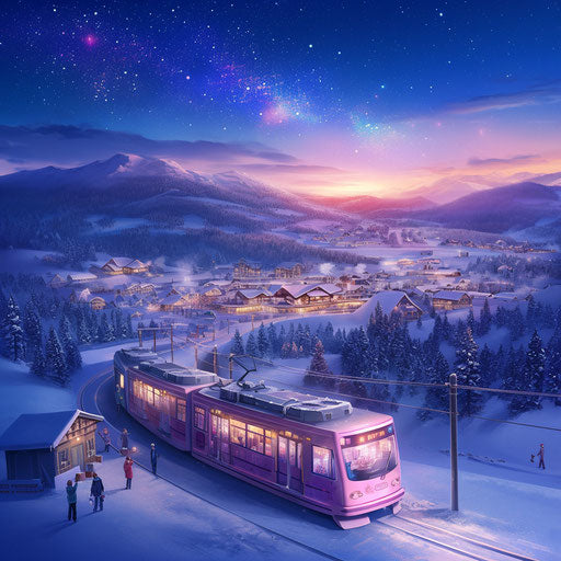 Snow ski resort, pink train, bright starry night