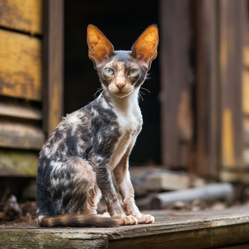 Cornish rex cat sitting in front of a log cabin