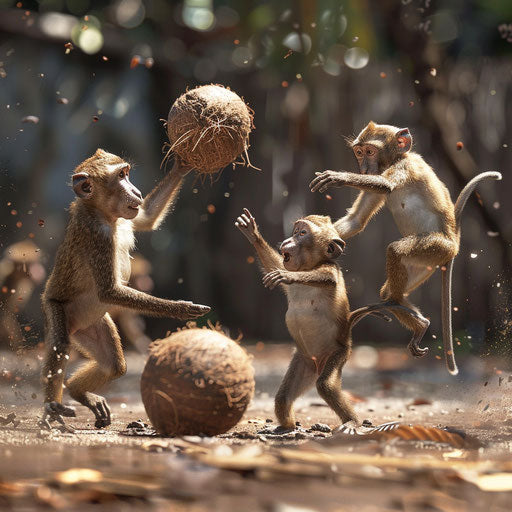 Lively coconut soccer match among monkeys