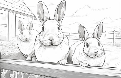 Three rabbits on a farm coloring page