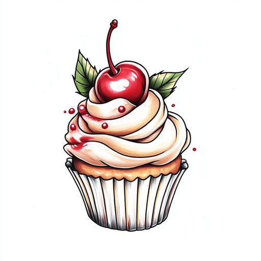 Flat cute tattoo for women with tiny cupcake on white background