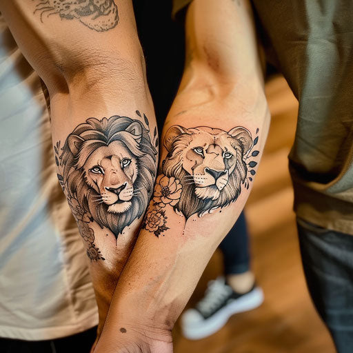 Matching pair tattoo with lion and lioness designs, in the style of Ami James