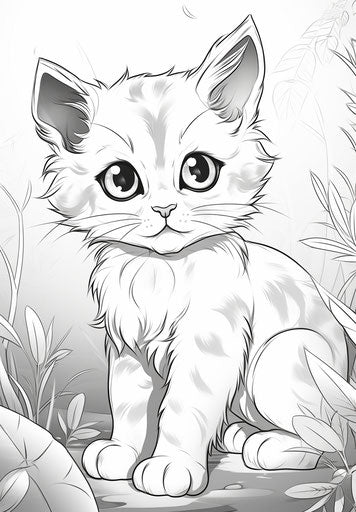 Coloring page of a kitten in grey, realistic yet stylized, anime-influenced, hinchel or 23:33