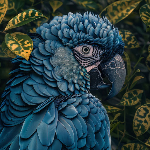 Intelligent gaze of a Spix's macaw in thick foliage