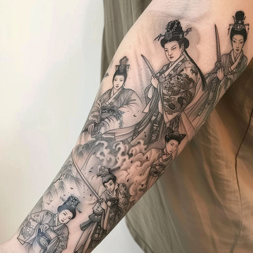 Tattooed sleeve design of Korean historical figures in traditional attire on white background