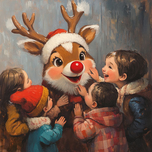 Rudolph, red-nosed reindeer, being petted by happy kids