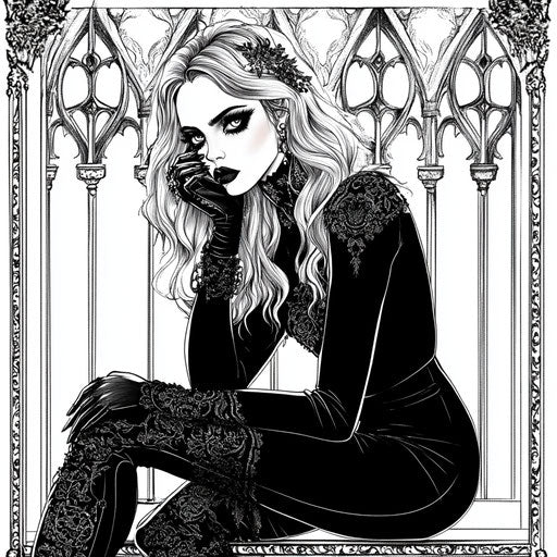 Gothic fashion model with dark elegance in the style of Megan Hess