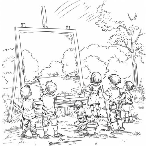 Children painting a huge canvas outdoors in a park