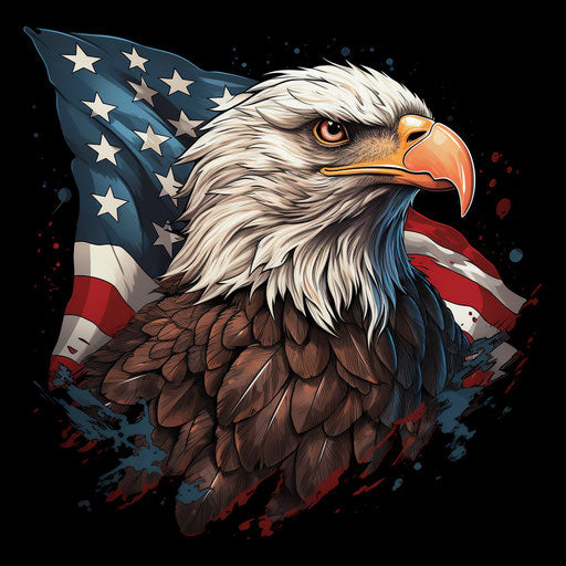 White American flag tattoo, black background, colorful moebius style