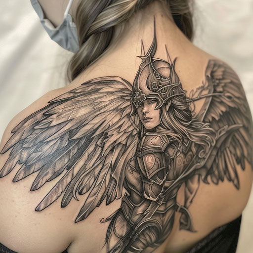 Norse Valkyrie flying, detailed wings, silver armor