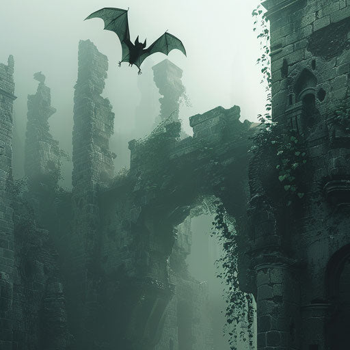 Bat exploring the ruins of an old castle shrouded in fog