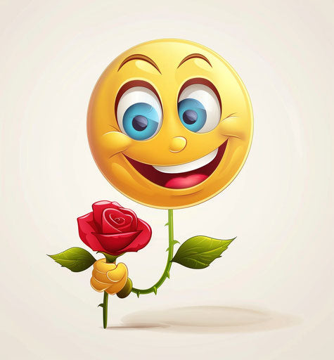 Emoticon with happy face holding rose