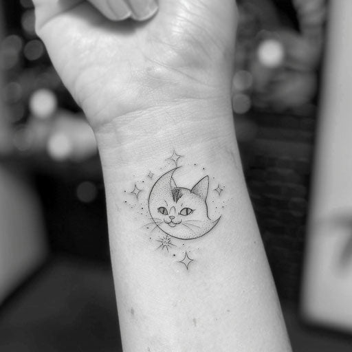 Sketch of a whimsical cat with a crescent moon and stars for wrist coverup tattoo for women