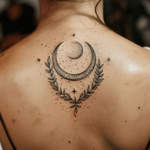 Bold and dark flat tattoo sketch with a sage wreath encircling a moon phase